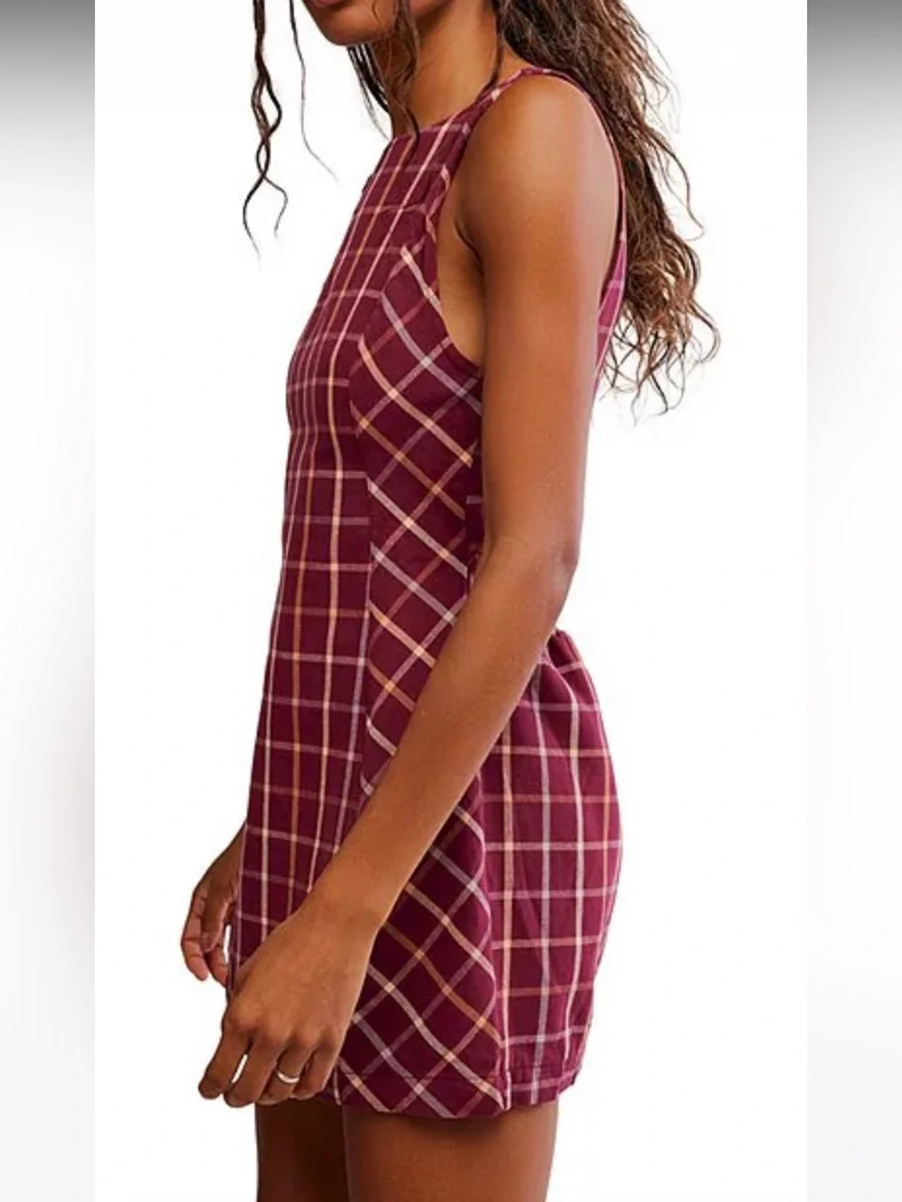 NWT🌷(S) Free People Plaid Printed Boat Neck Sleeveless Back Cut-Out Mini Dress